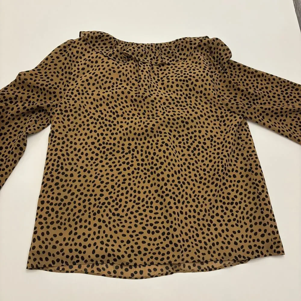J.Crew Women's M Leopard Animal Print Ruffle V Neck Long Sleeve Blouse